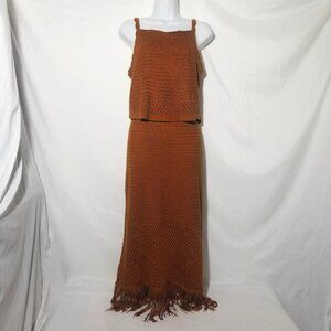 House Of Harlow 1960 2pc Womens L Crochet Knit Crop Top Skirt Fringe Rust Orange